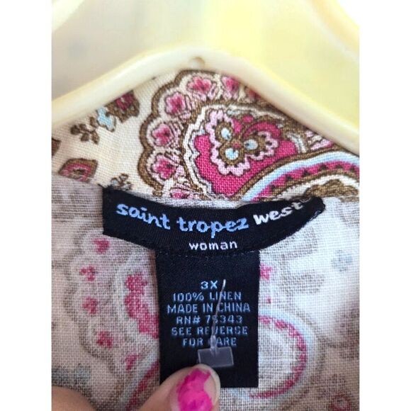 Saint Tropez West Cream w/Pink  Brown Pasley 100% Linen Button Up Jacket size 3X - Picture 6 of 8